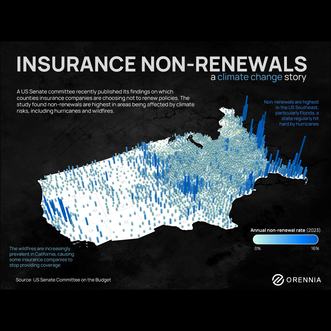 A map of North America showing where climate-related insurance claims are spiking