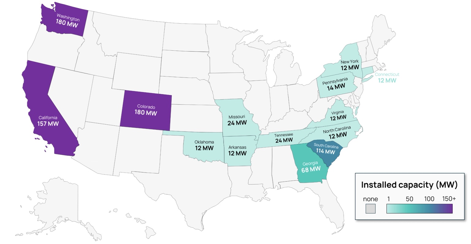 US map of State Capacities of Operating LDES Projects