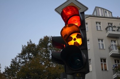 An image of a streetlight in Berlin highlighting anti-nuclear sentiment