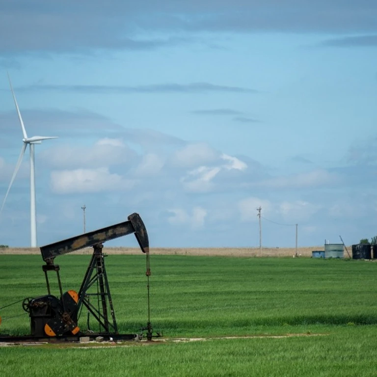 Image of wind farms beside a pumpjack in Western Canada