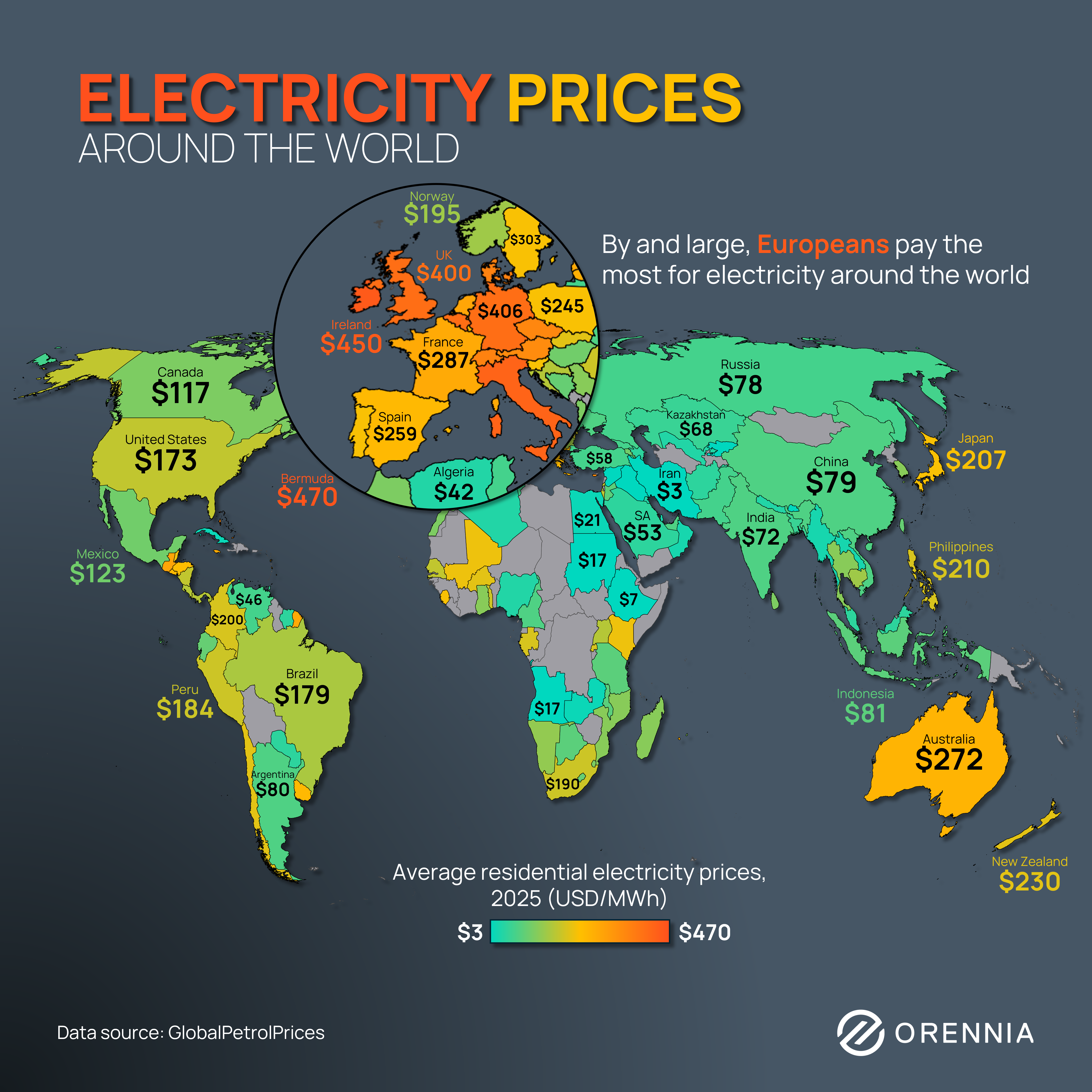 Map showing residential power prices by country for 1025.