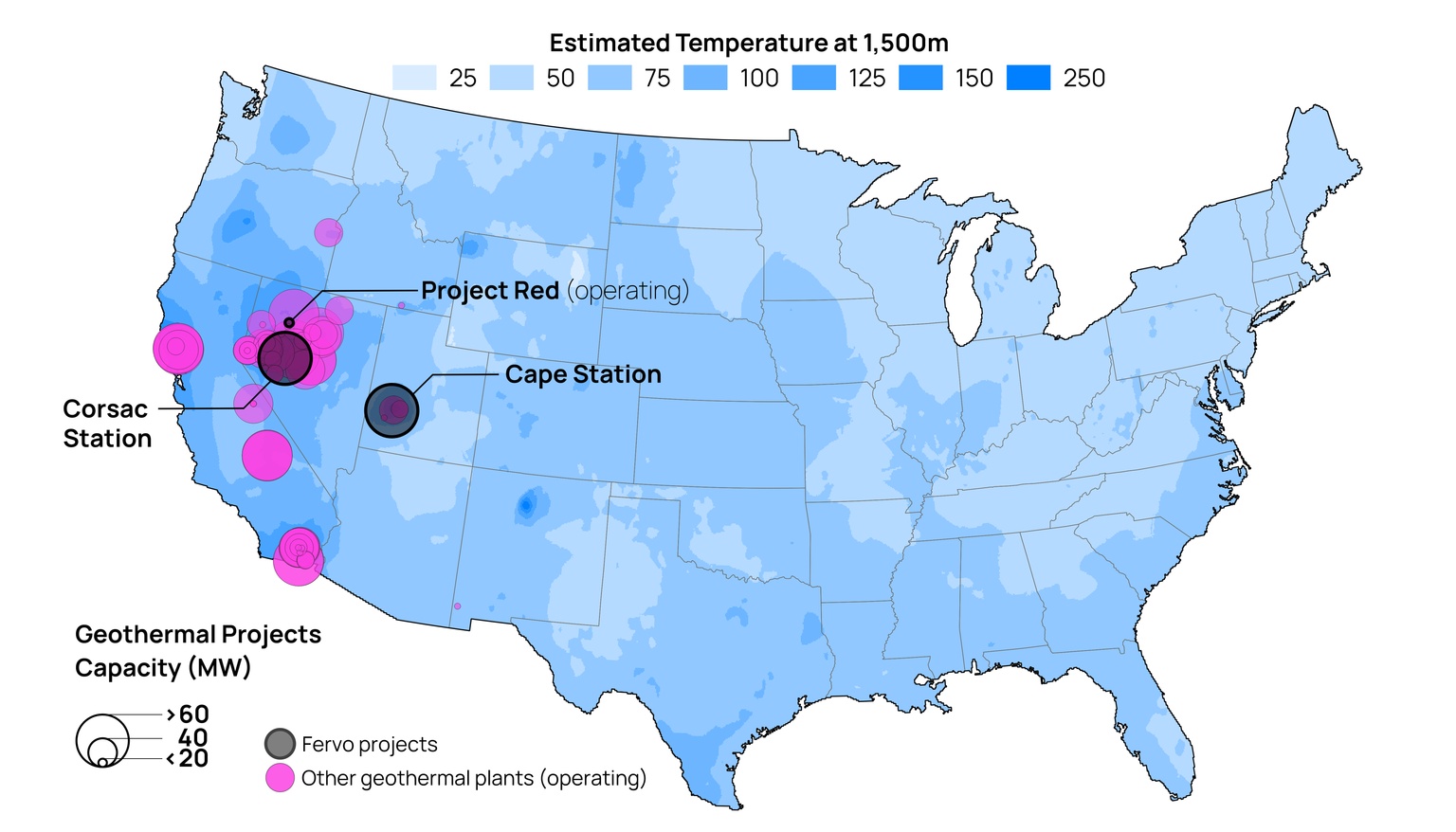 Map showing the location of geothermal projects across the United States