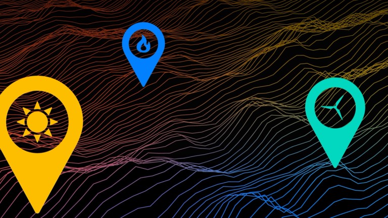 Drop-Pin graphic showing battery storage, wind and solar