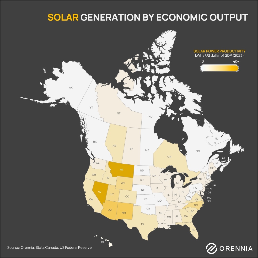 A map of North America showing solar power generation by economic output