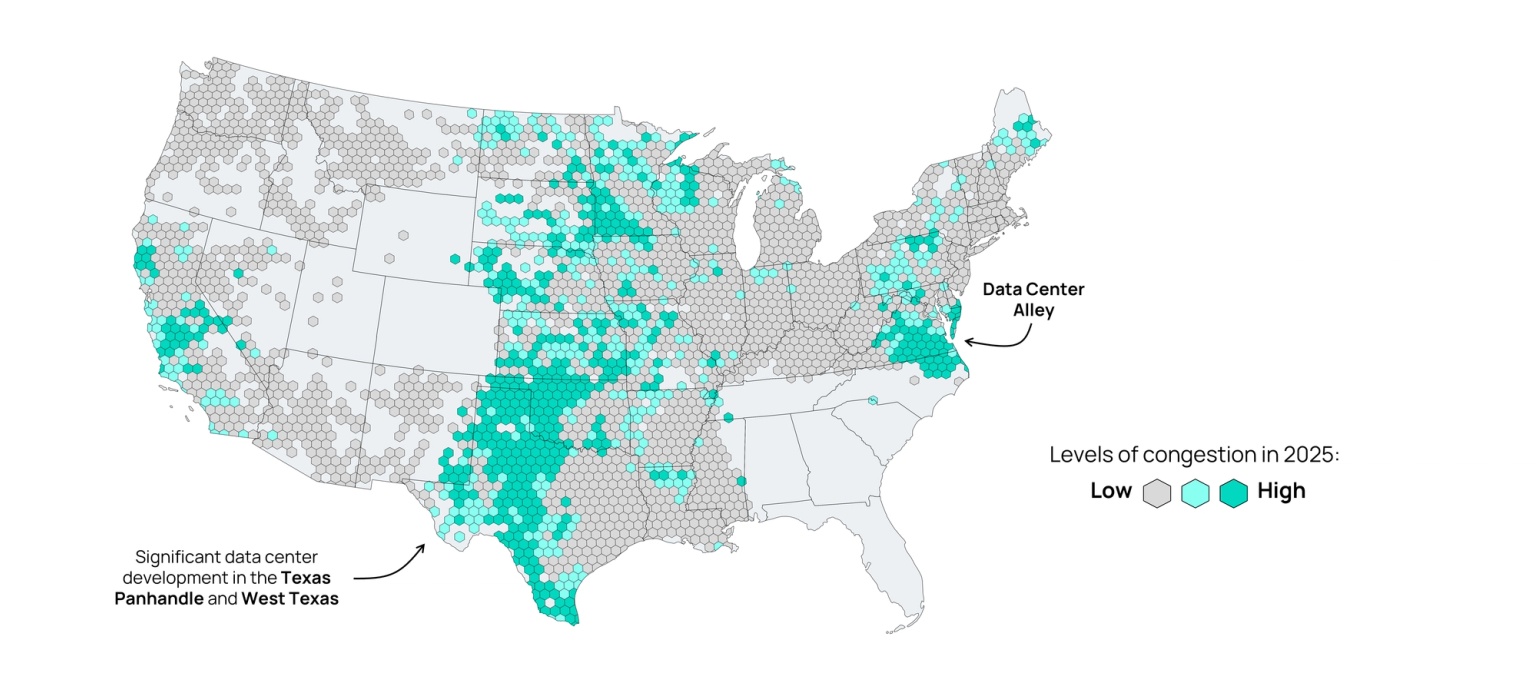 A map showing the transmission congestion levels across the United States