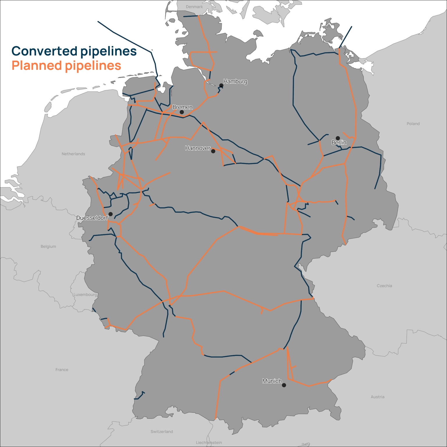 Map showing Germany's proposed hydrogen piepline network
