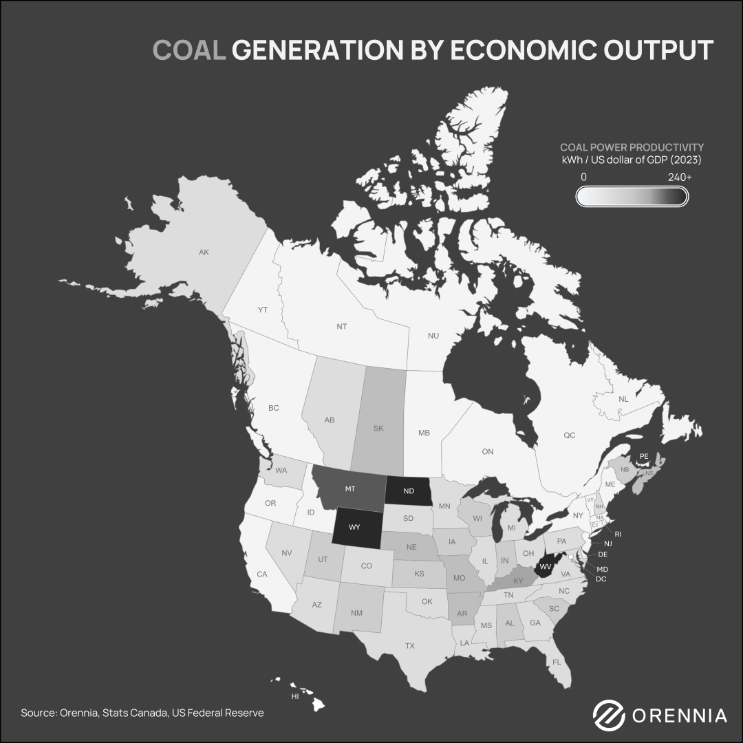 A map of North America showing coal generation by economic output
