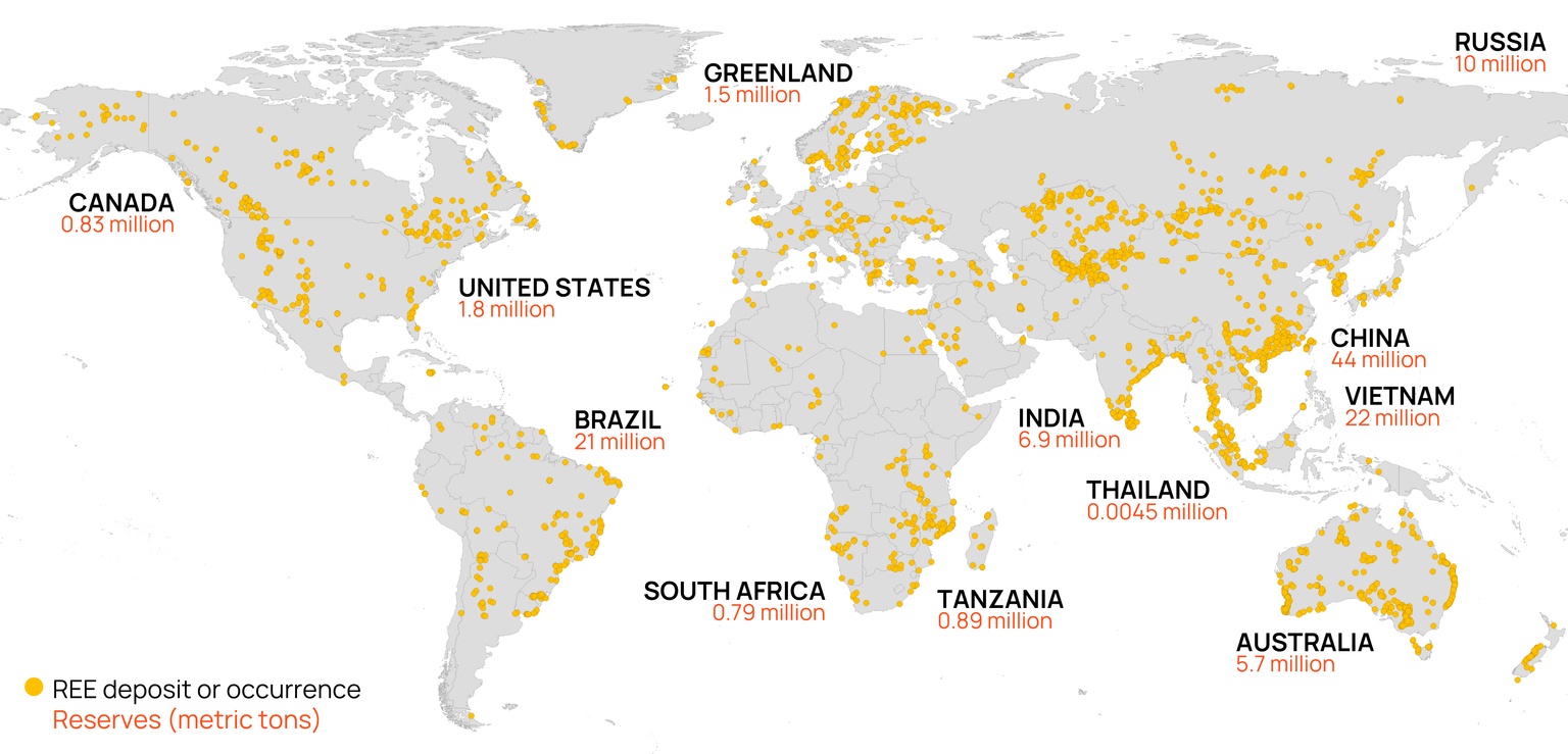 A world map showing the occurrences and reserves of rare earth minerals