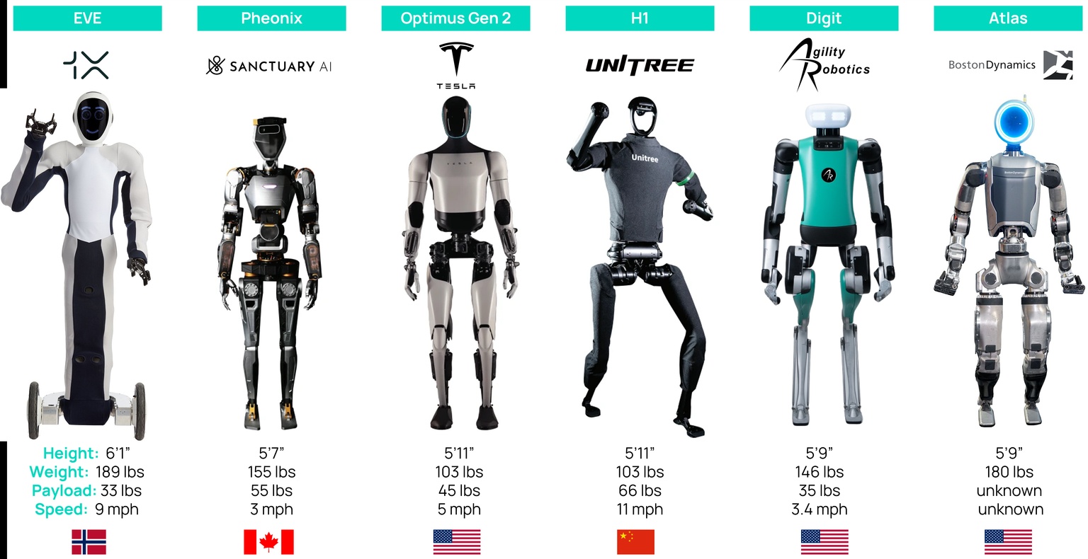 Examples of current humanoid robot models by country