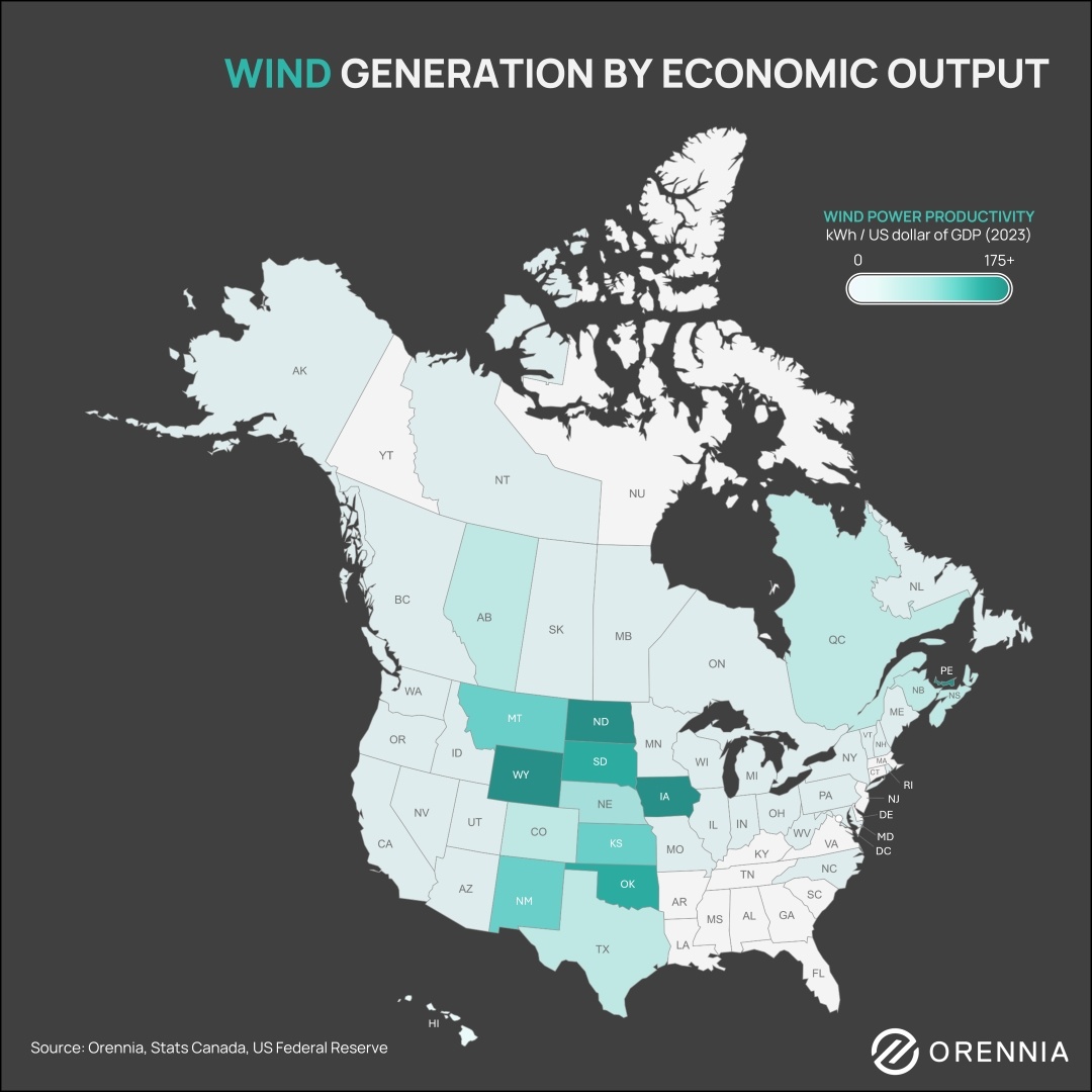 A map of North America showing wind power generation by economic output
