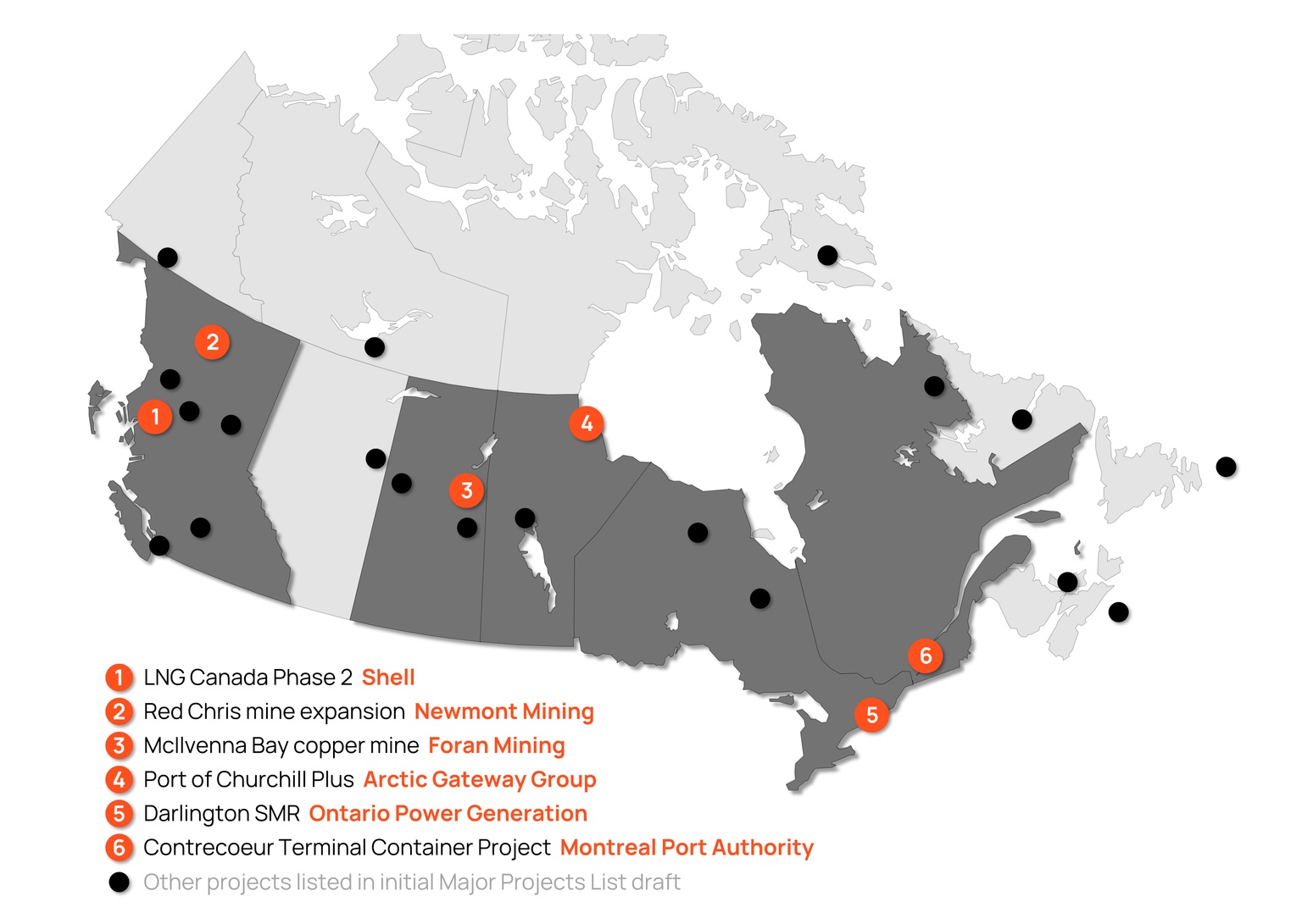 A map of Canada showing that Mark Carney's announced Major Projects span Canada