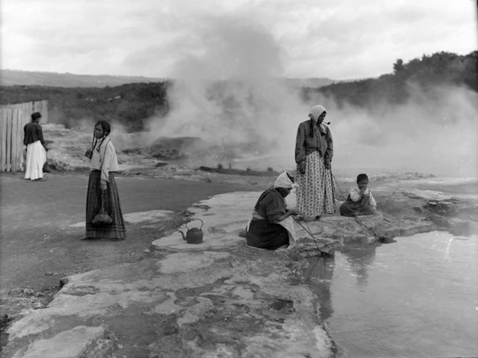 Māori preparing food in a hot pool in Whakarewarewa Forest Park, New Zealnd; photo courtesy of the New Zealand National Library