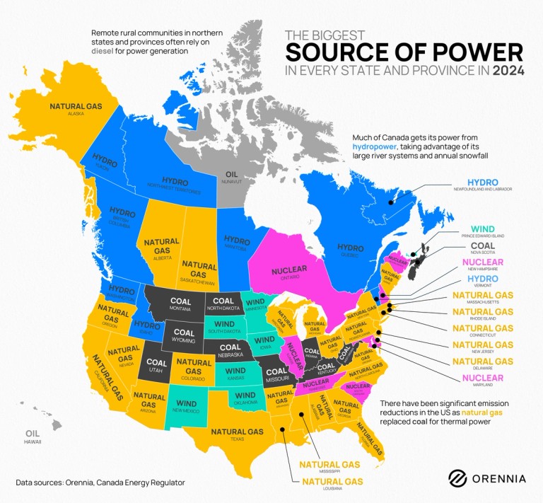 Infographic showing biggest sources of power in states and provinces
