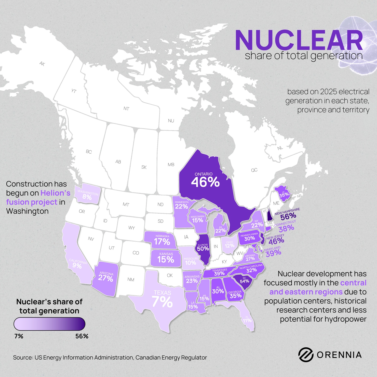 A map of nuclear power generation in the US and Canada