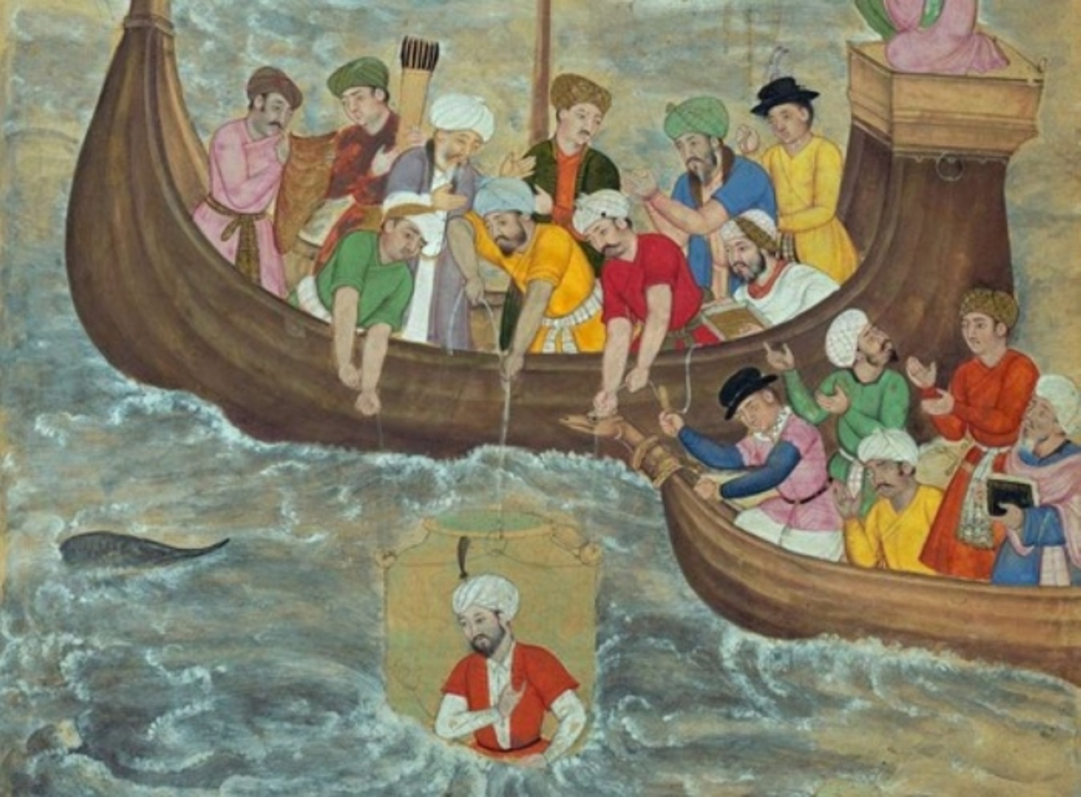 Painting of Alexander the Great being submerged in a diving bell