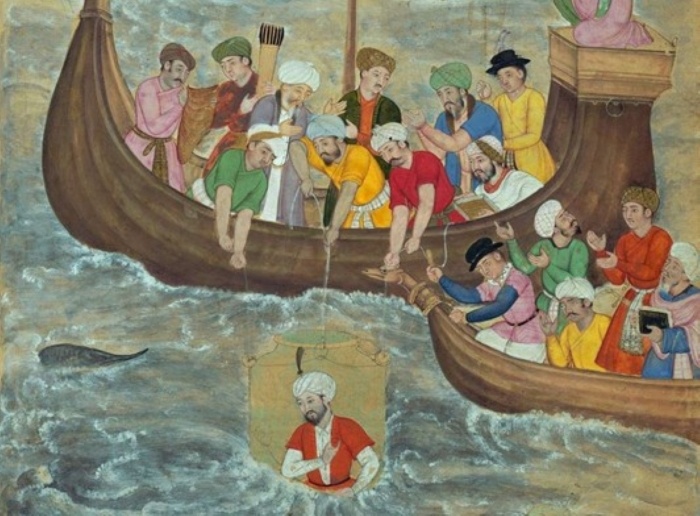 Painting of Alexander the Great being submerged in a diving bell