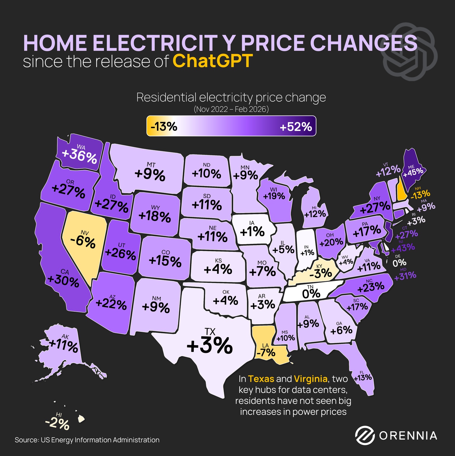 A map showing regional electricity price increases in the US since the release of ChatGPT