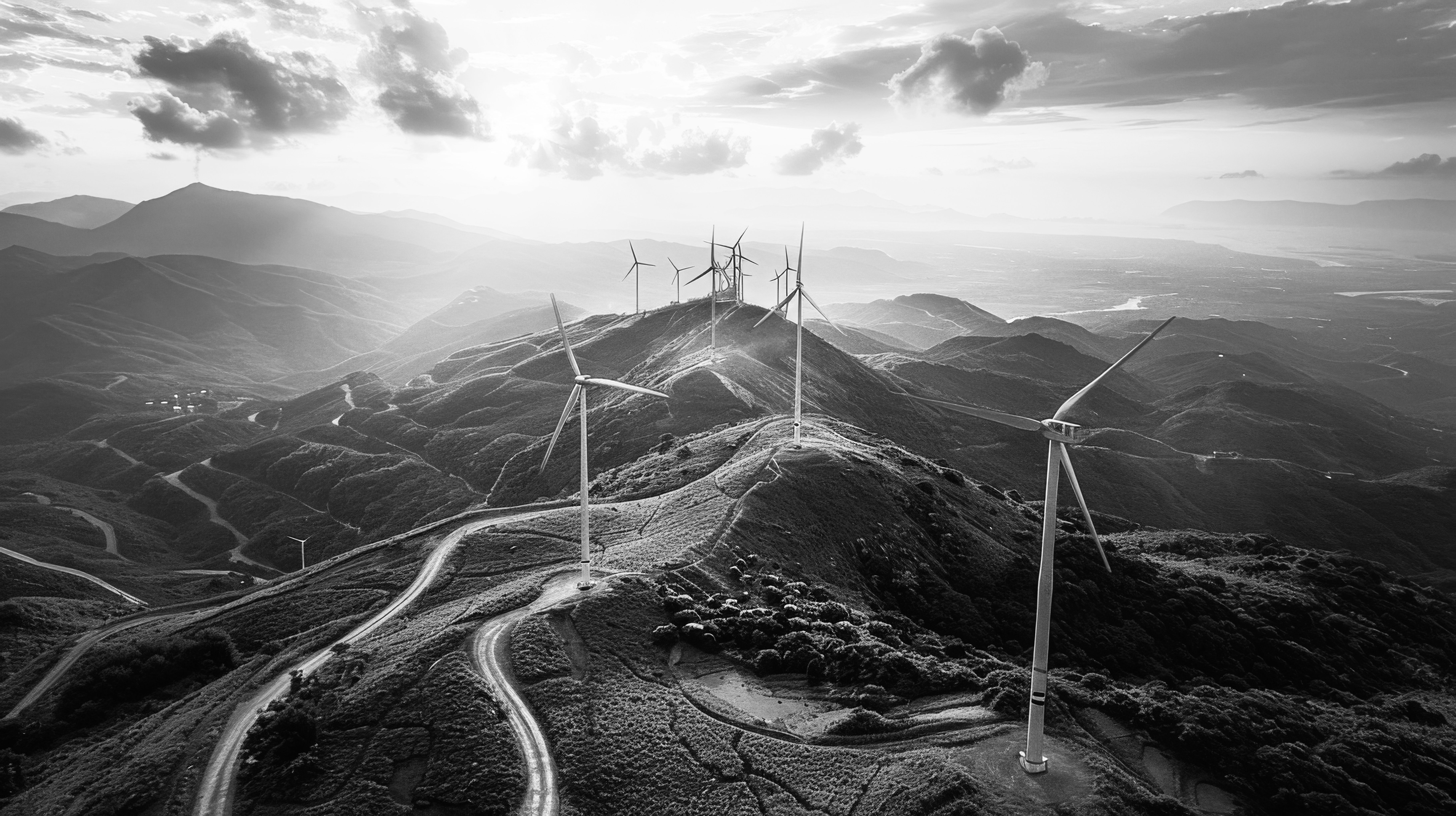 Black and white image of wind turbines on a hilly landscape with windy roads