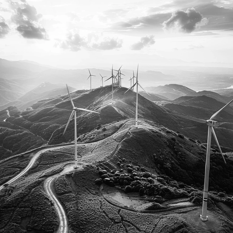 Black and white image of wind turbines on a hilly landscape with windy roads