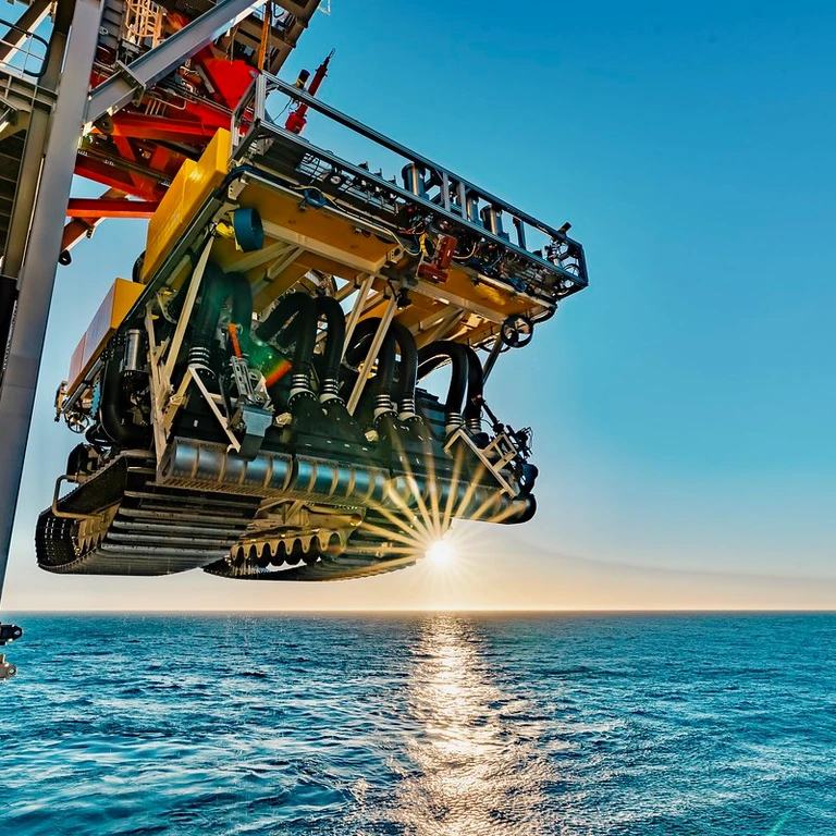 Image of a deep-sea mining truck about to be lowered into the water