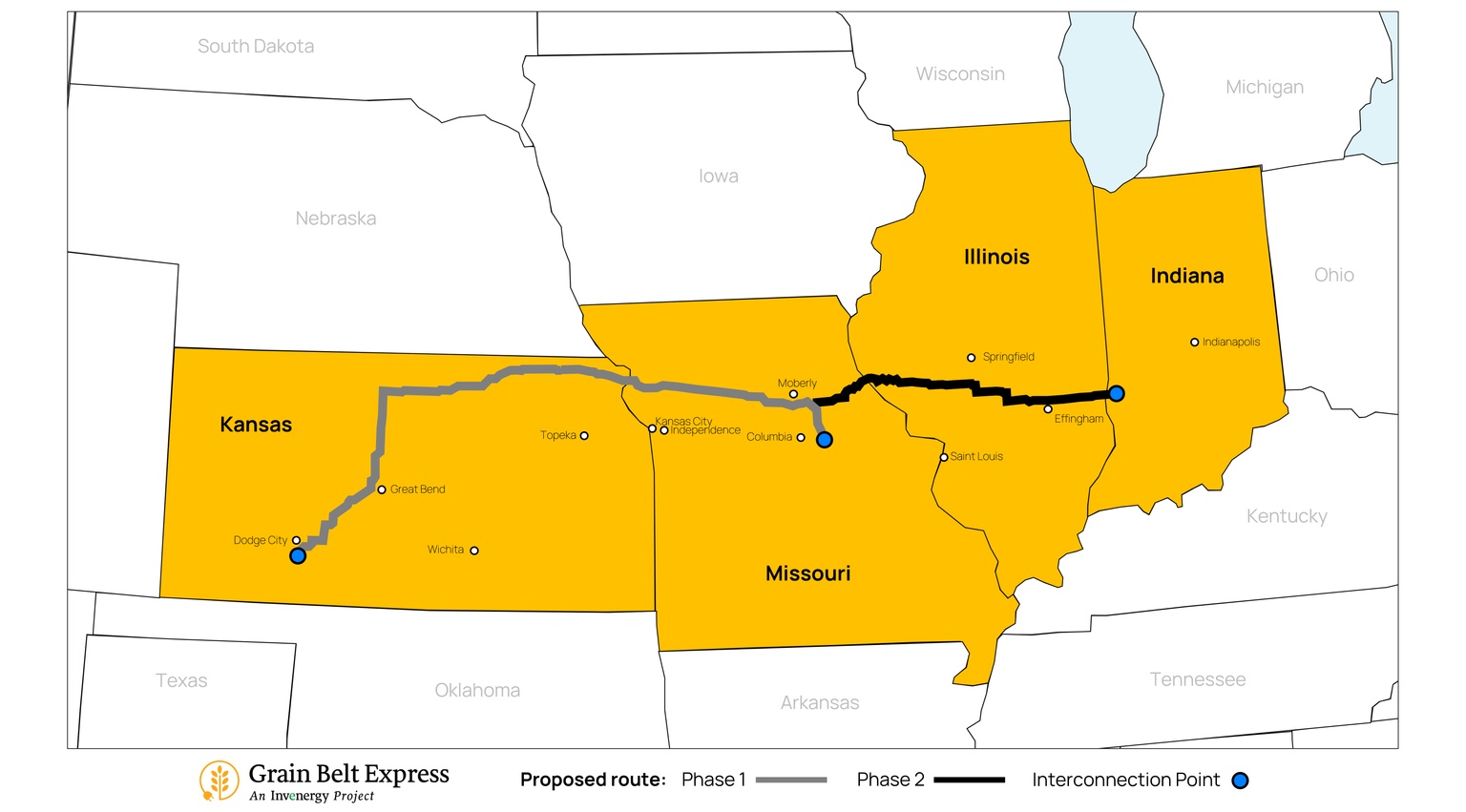 Map showing the Grain Belt Express in the Midwest