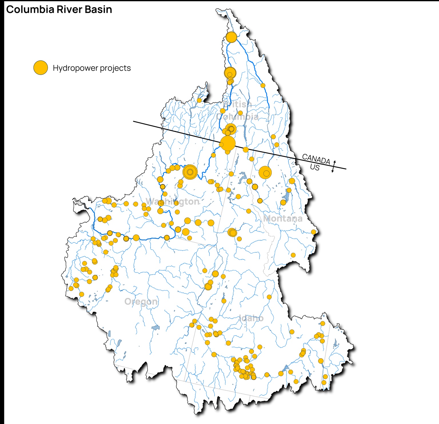A map showing hydropower projects in the Columbia River Basin