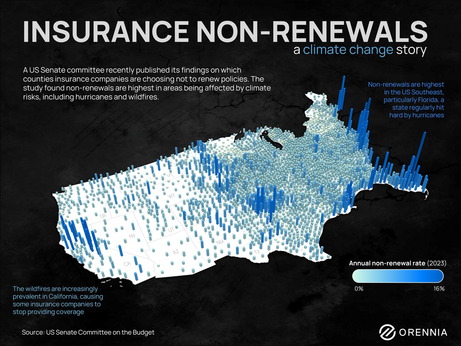 A map of North America showing where climate-related insurance claims are spiking