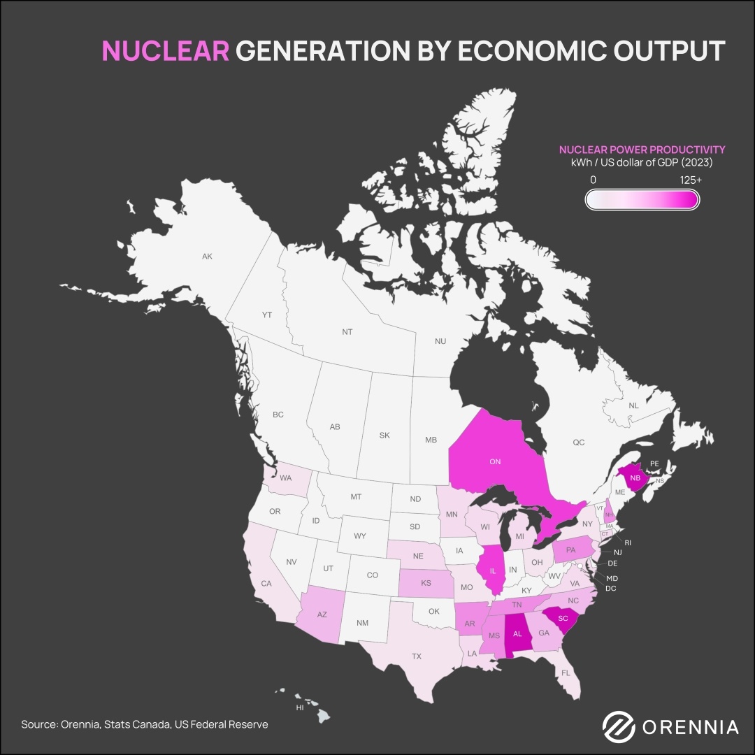 A map of North America showing nuclear generation by economic output
