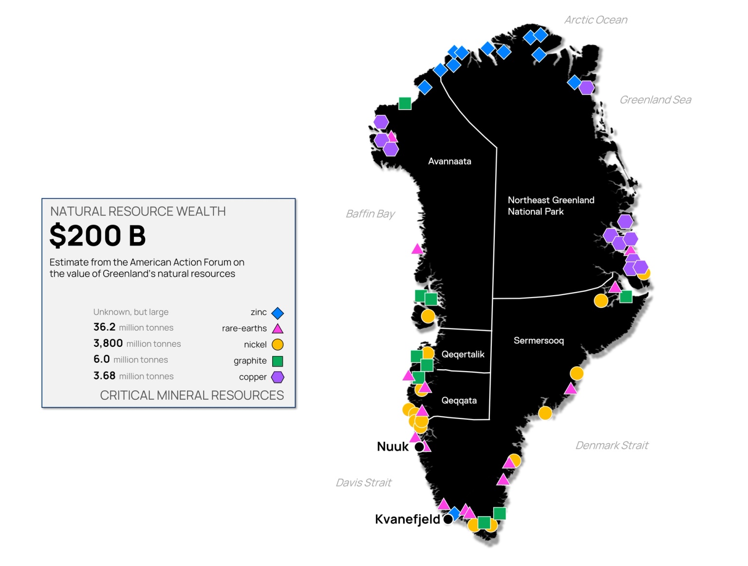 Map showing where Greenland's critical minerals are