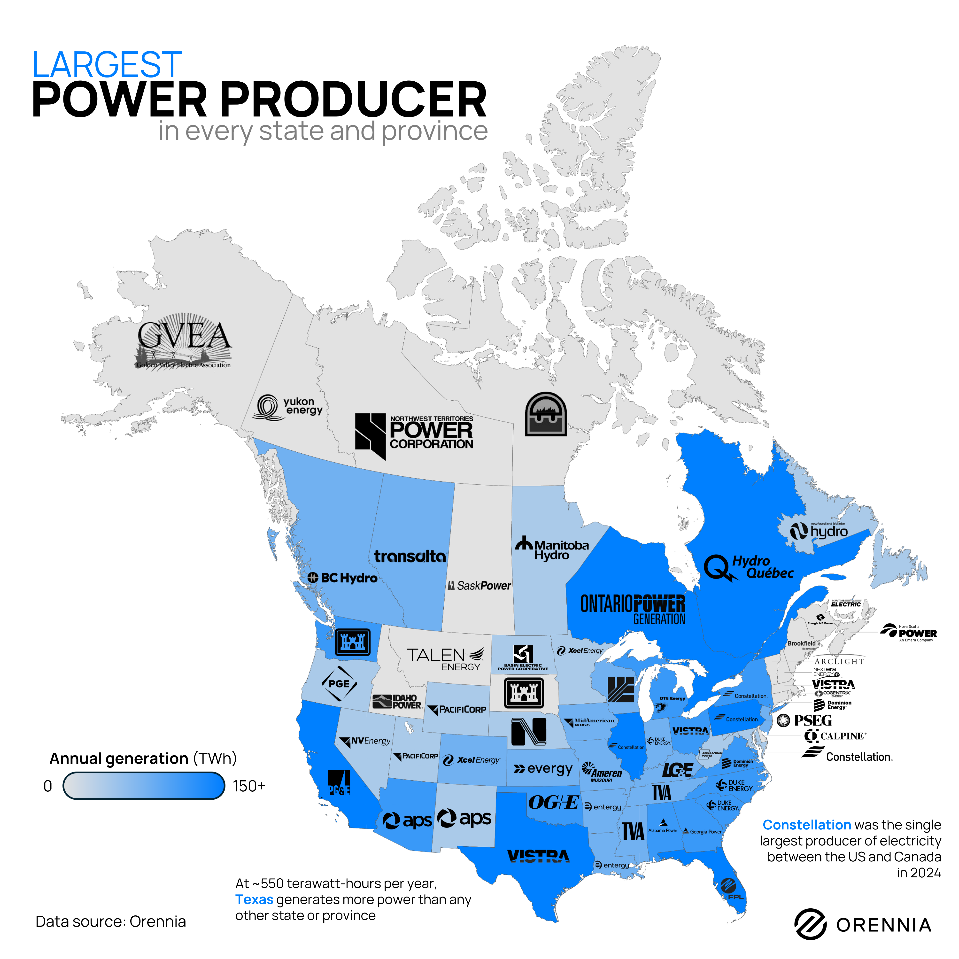 Map of the top power producers in every state and province in Canada and the USA