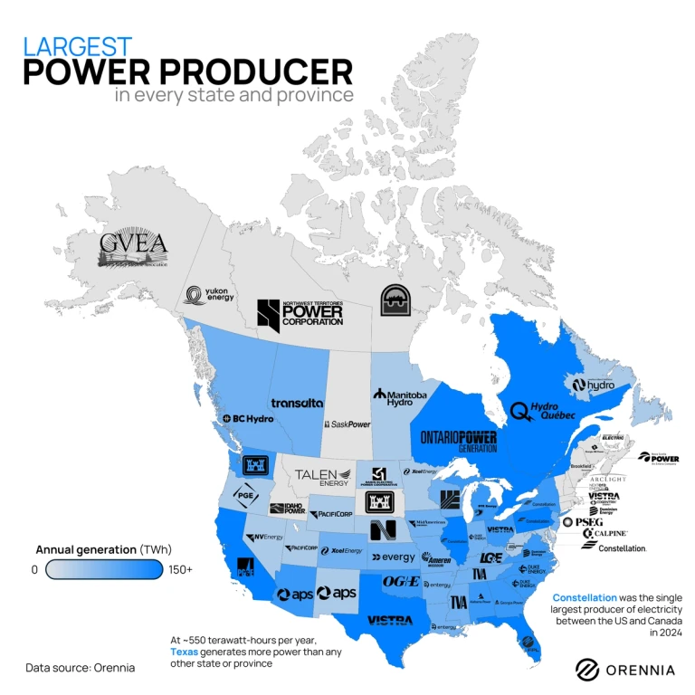 Map of the top power producers in every state and province in Canada and the USA