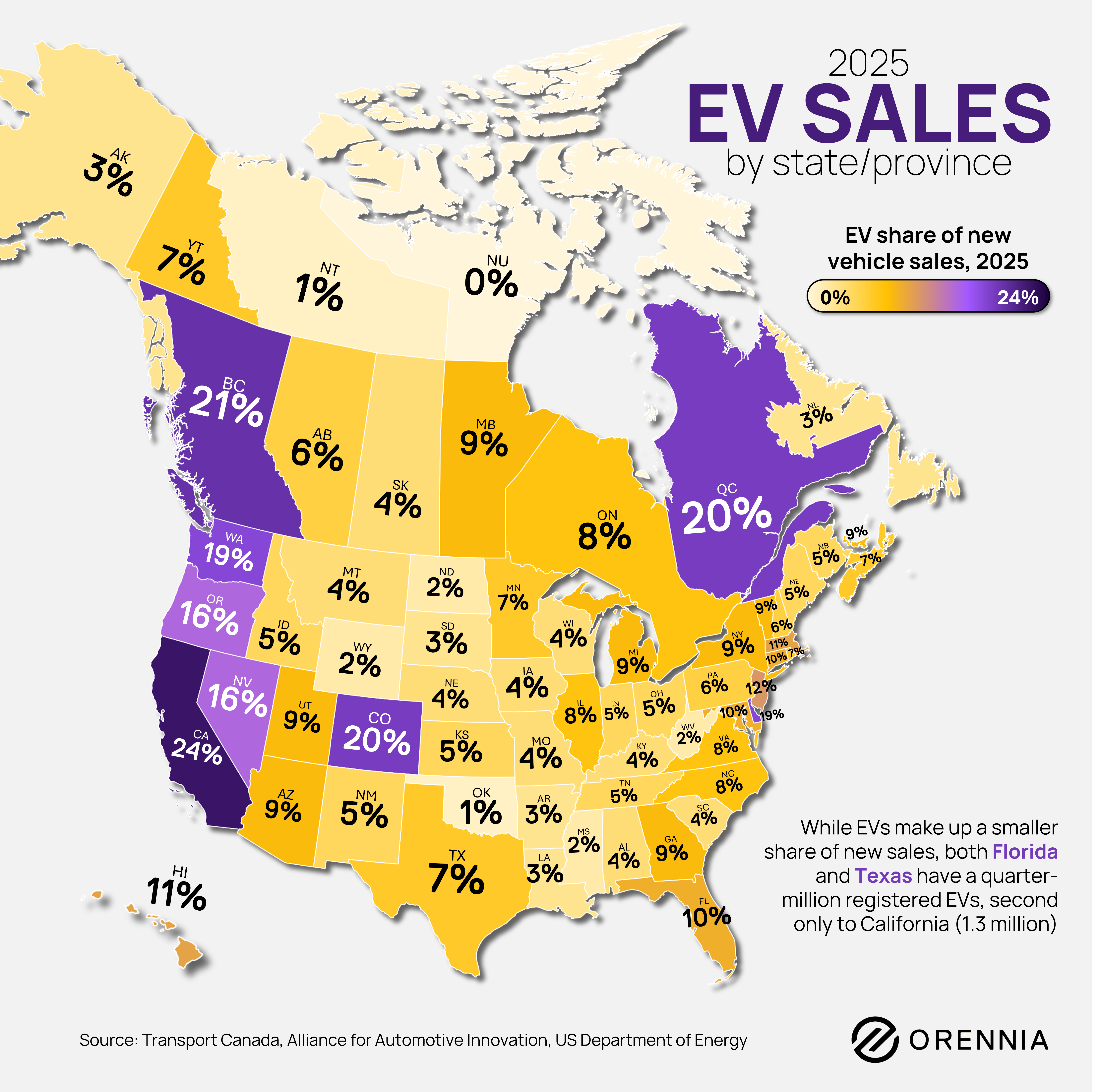 Map of 2025 EV sales share by U.S. state and Canadian province and territory