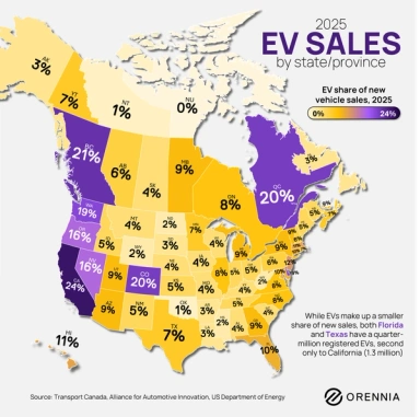 Map of 2025 EV sales share by U.S. state and Canadian province and territory