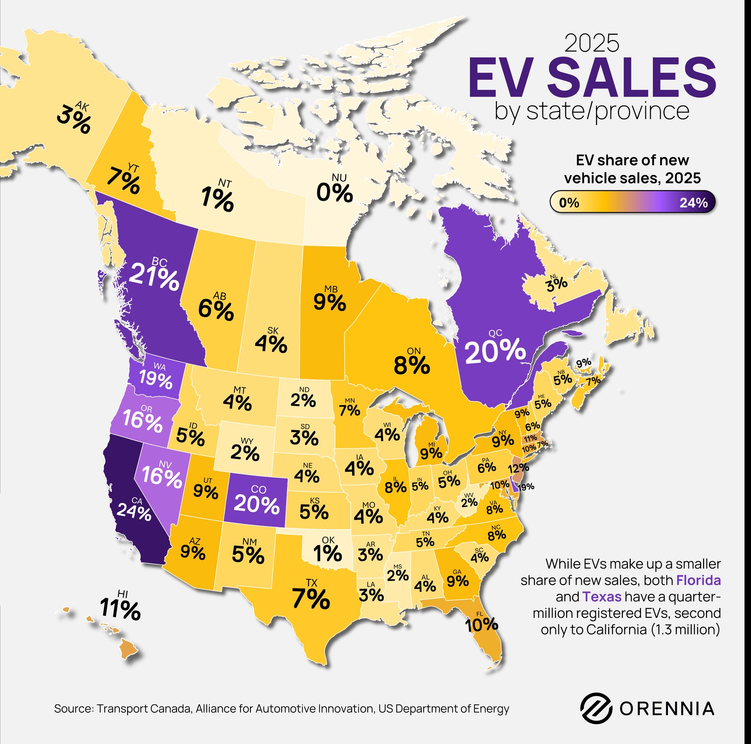 Map of 2025 EV sales share by U.S. state and Canadian province and territory