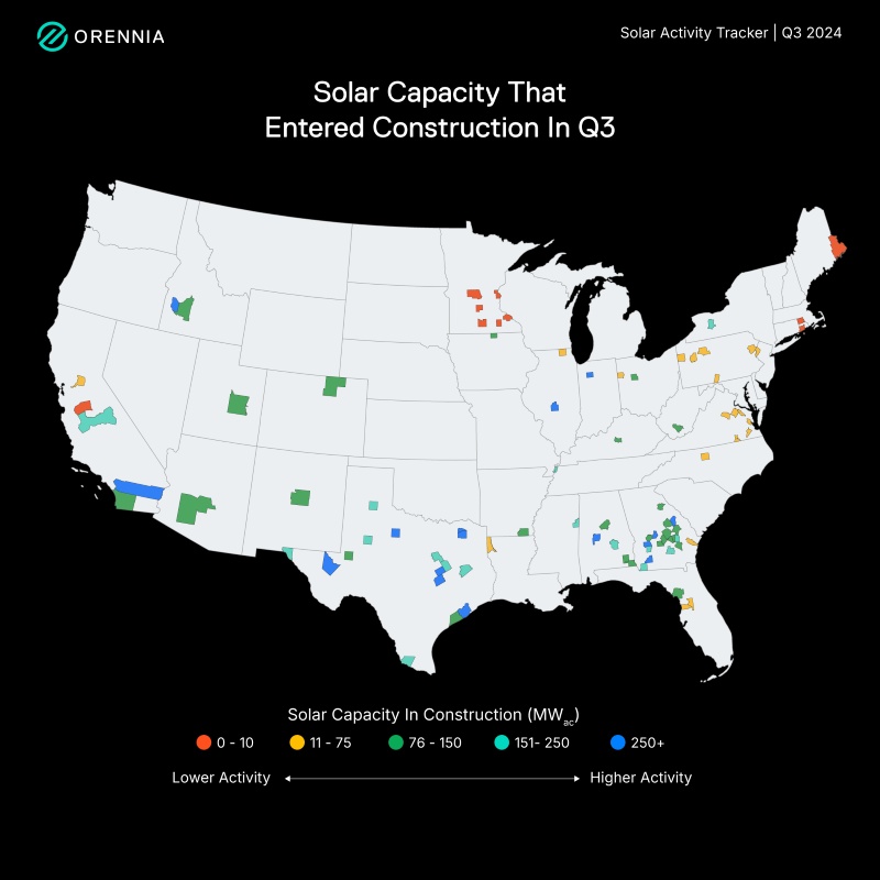Map showing solar capacity that entered construction in Q3 2024