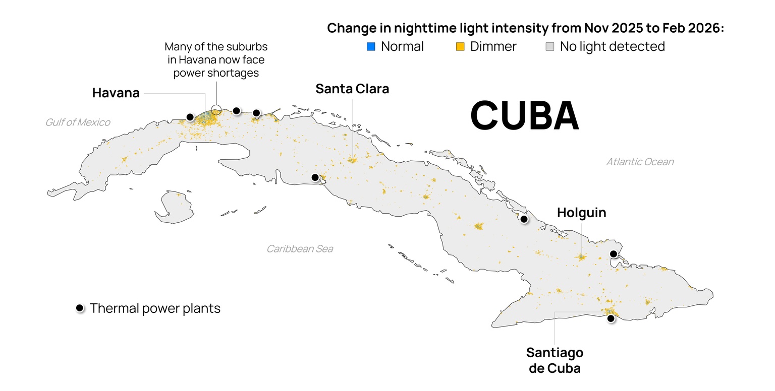 Map showing change in nighttime light intensity in Cuba