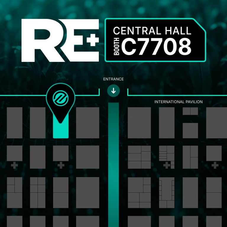 Square map of RE+ exhibition floor showing where the Orennia booth is located.