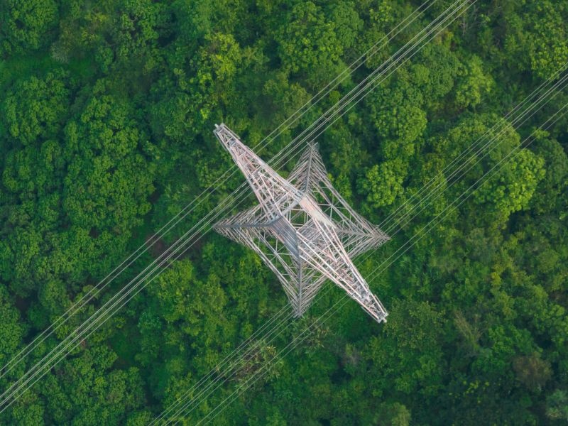 Image of a transmission tower taken from the top down
