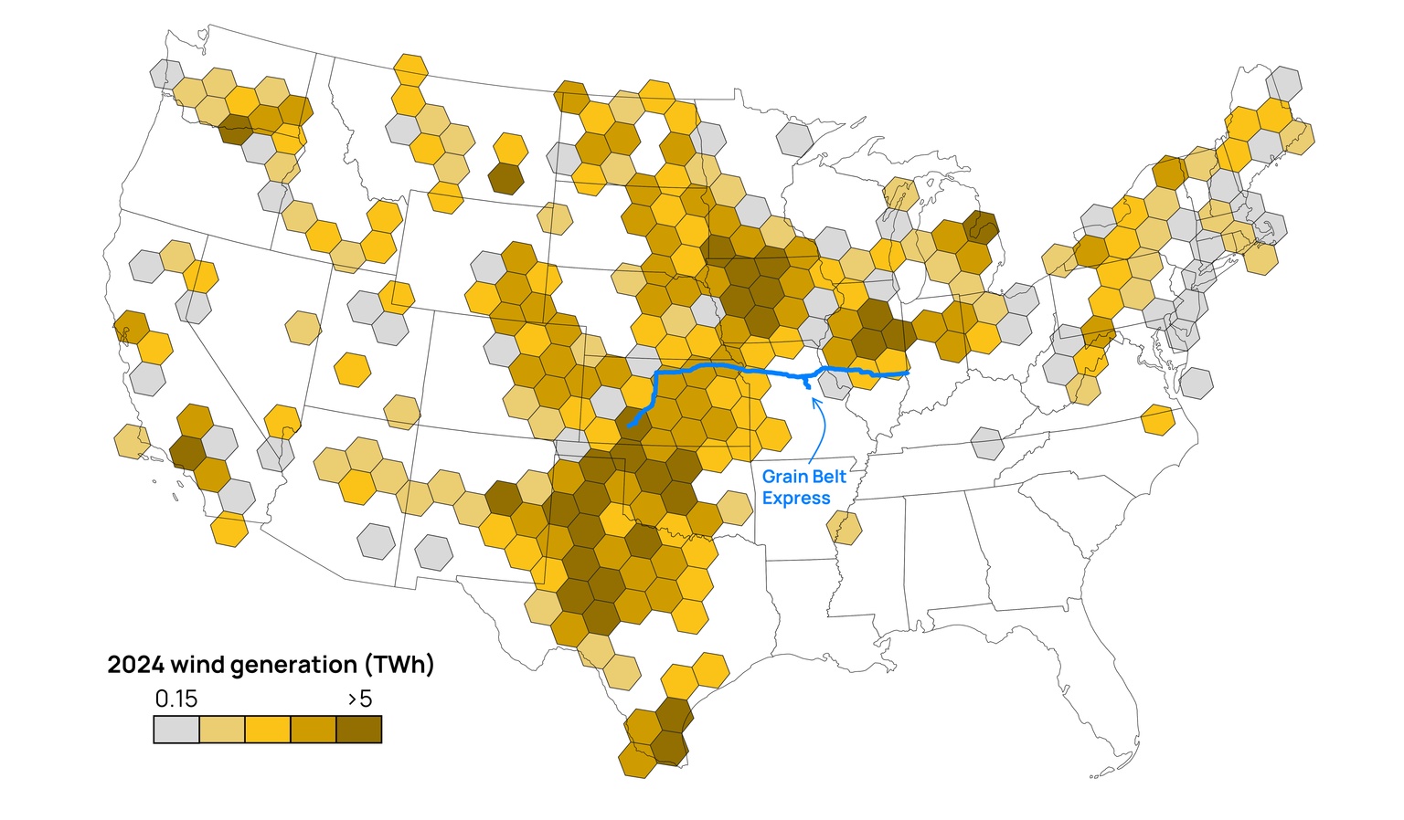 Map showing annual wind generation by region
