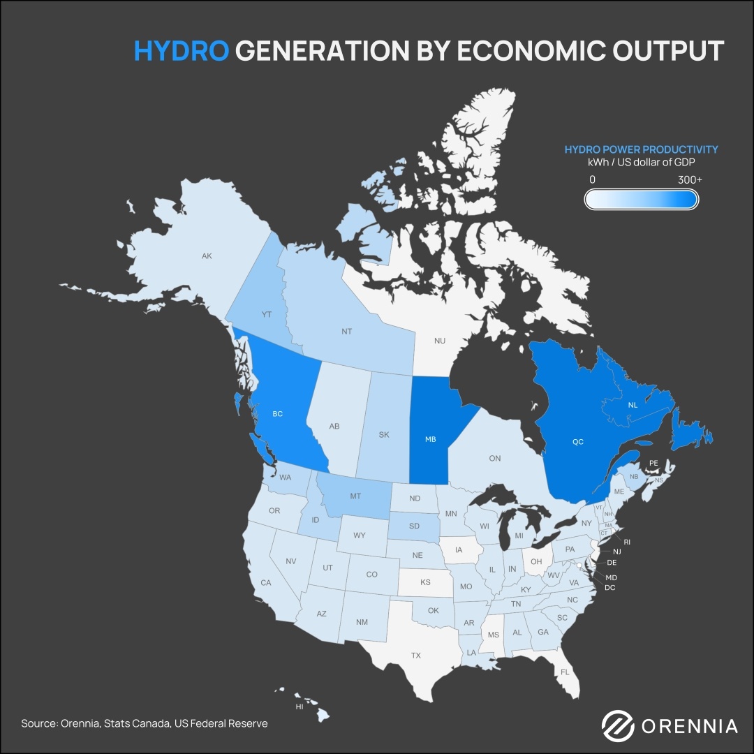 A map of North America showing hydro power generation by economic output