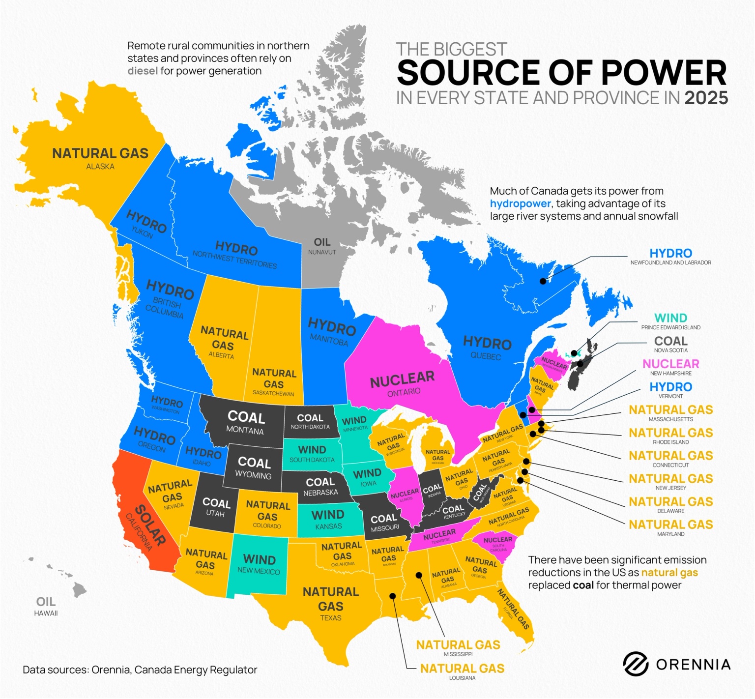 Map showing the biggest source of power in every state and province in 2025