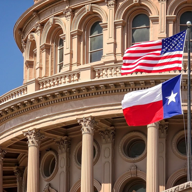 Image of the Texas and America flags outside of a governement building