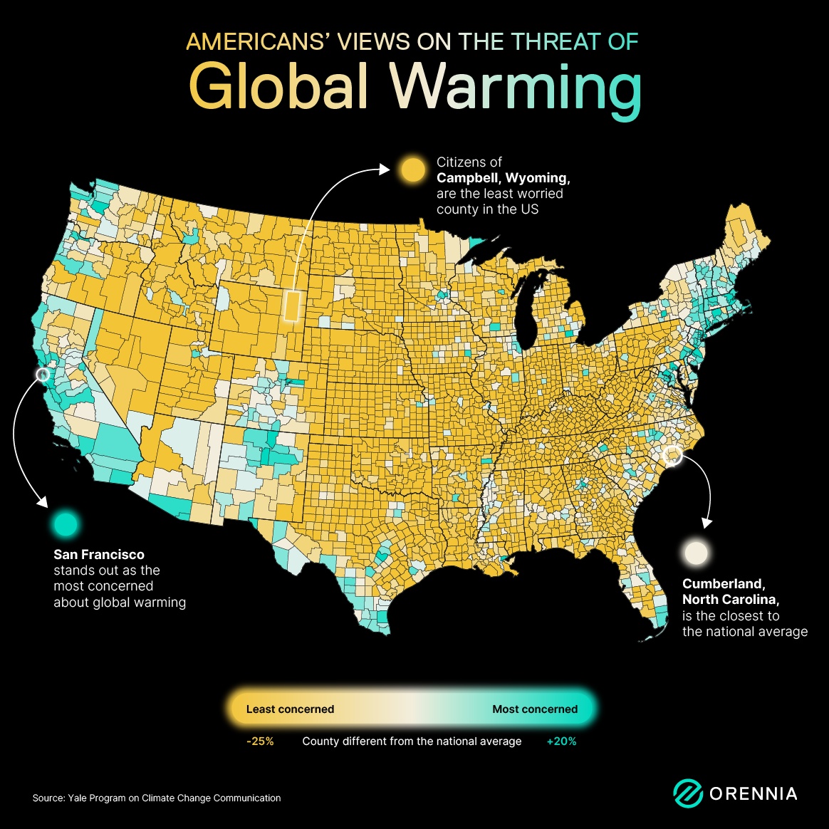 Map depicting Americans' views on the threat of global warming