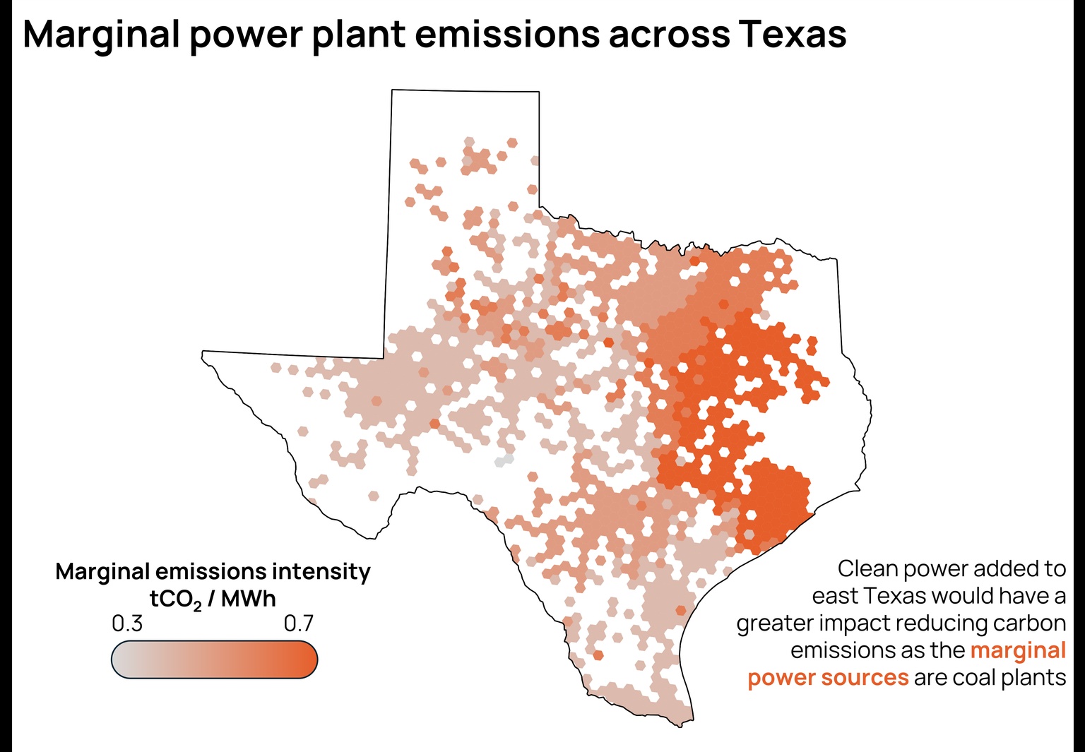 Map graphic depicting marginal power plant emissions across Texas