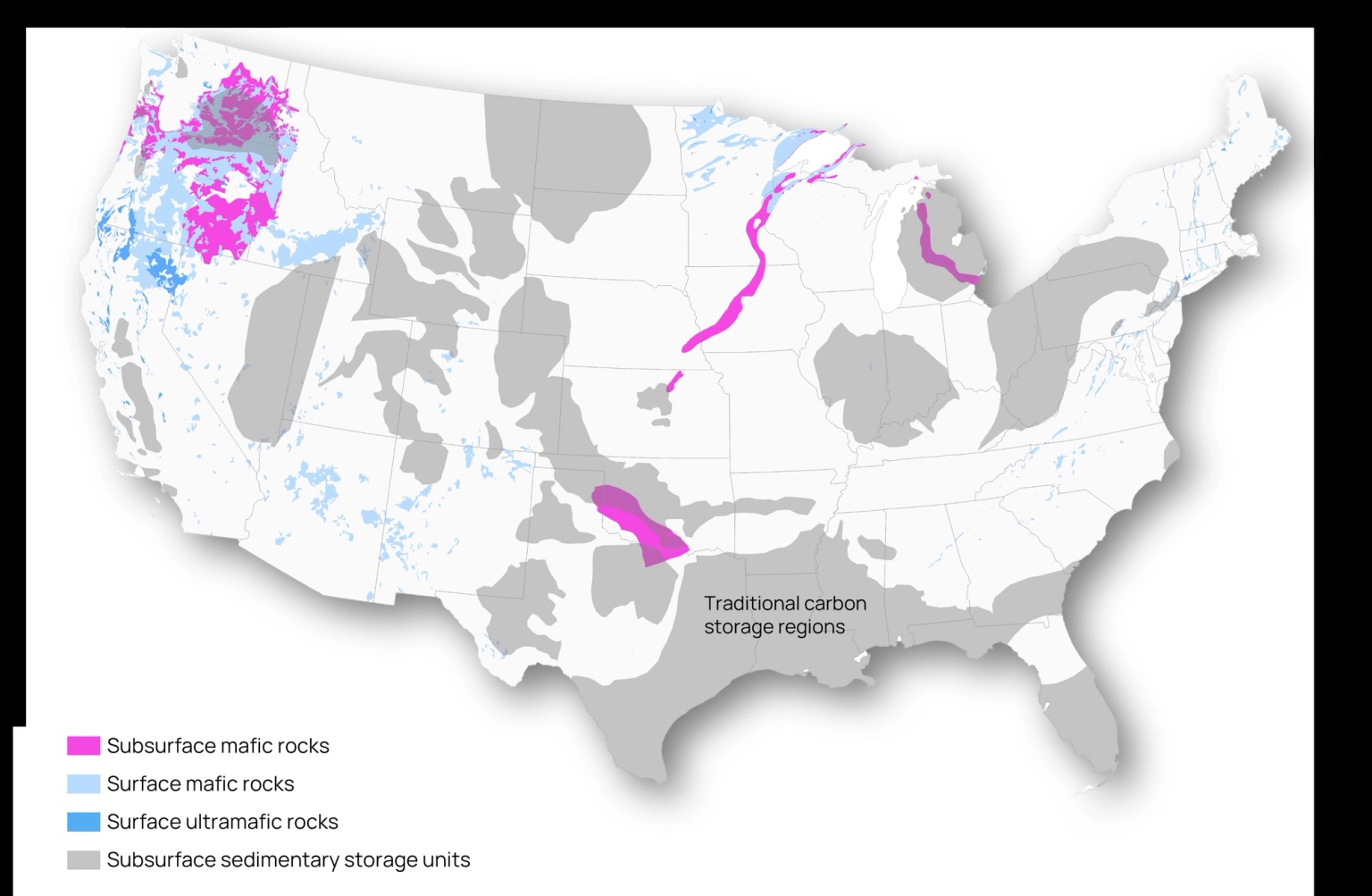 Note: Mineralization would occur in regions with mafic and ultramafic rocks, while traditional subsurface aquifers are found in sedimentary reservoirs