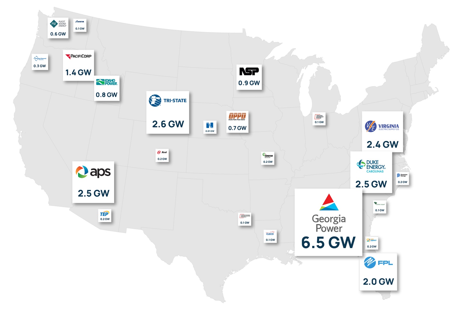 A map showing utility net summer peak load growth from 2024 to 2030.