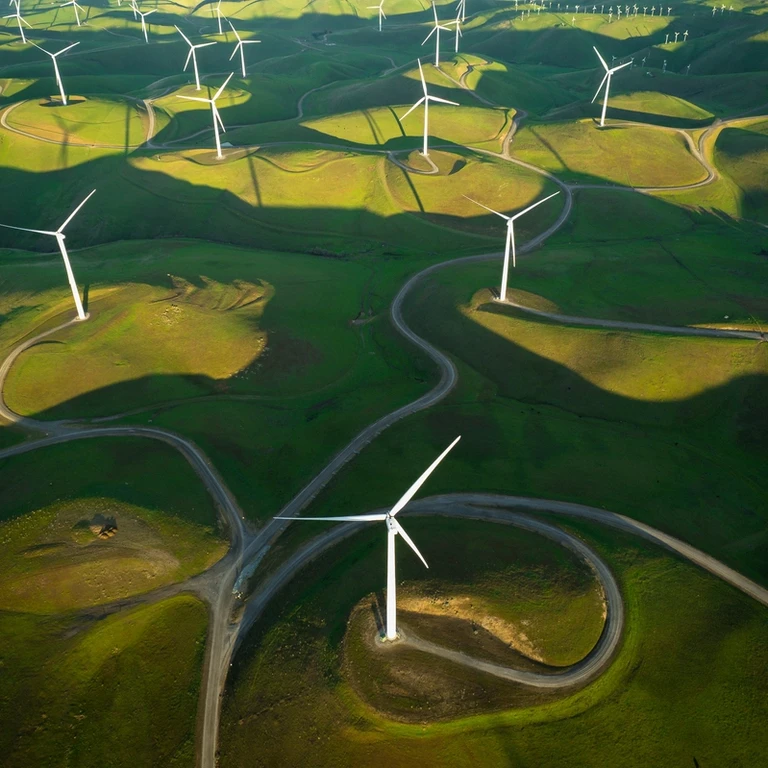 Image of wind turbines in lush green landscape