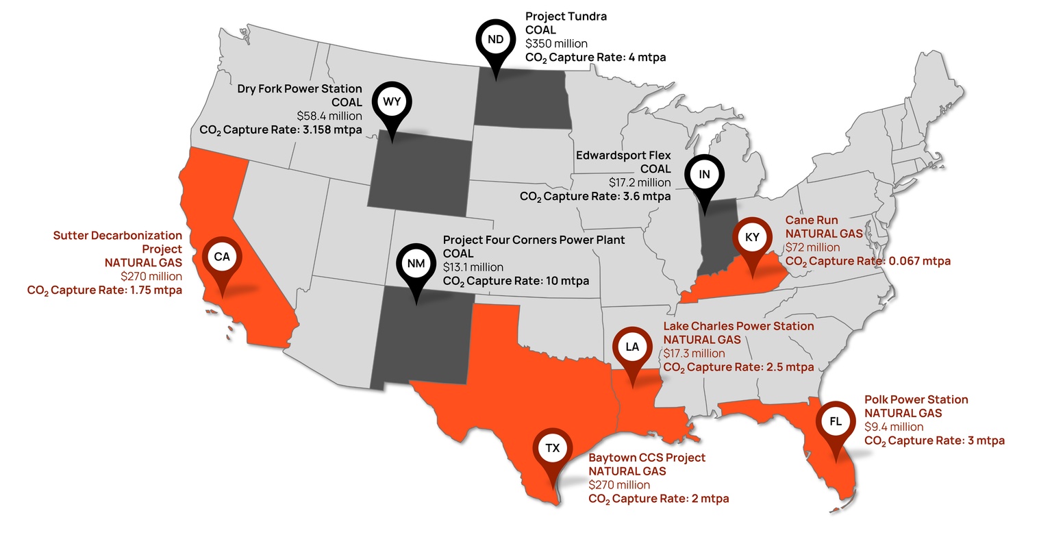 Map showing recent department of energy carbon capture project funding
