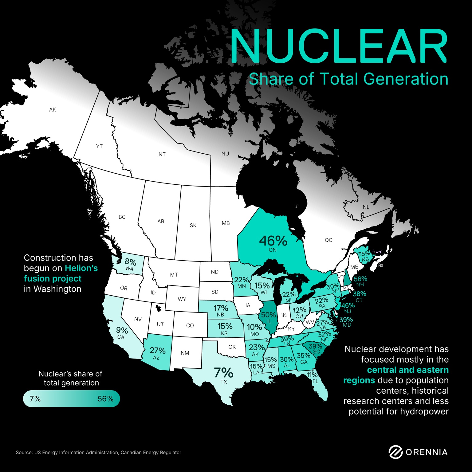 A map of nuclear power generation in the US and Canada