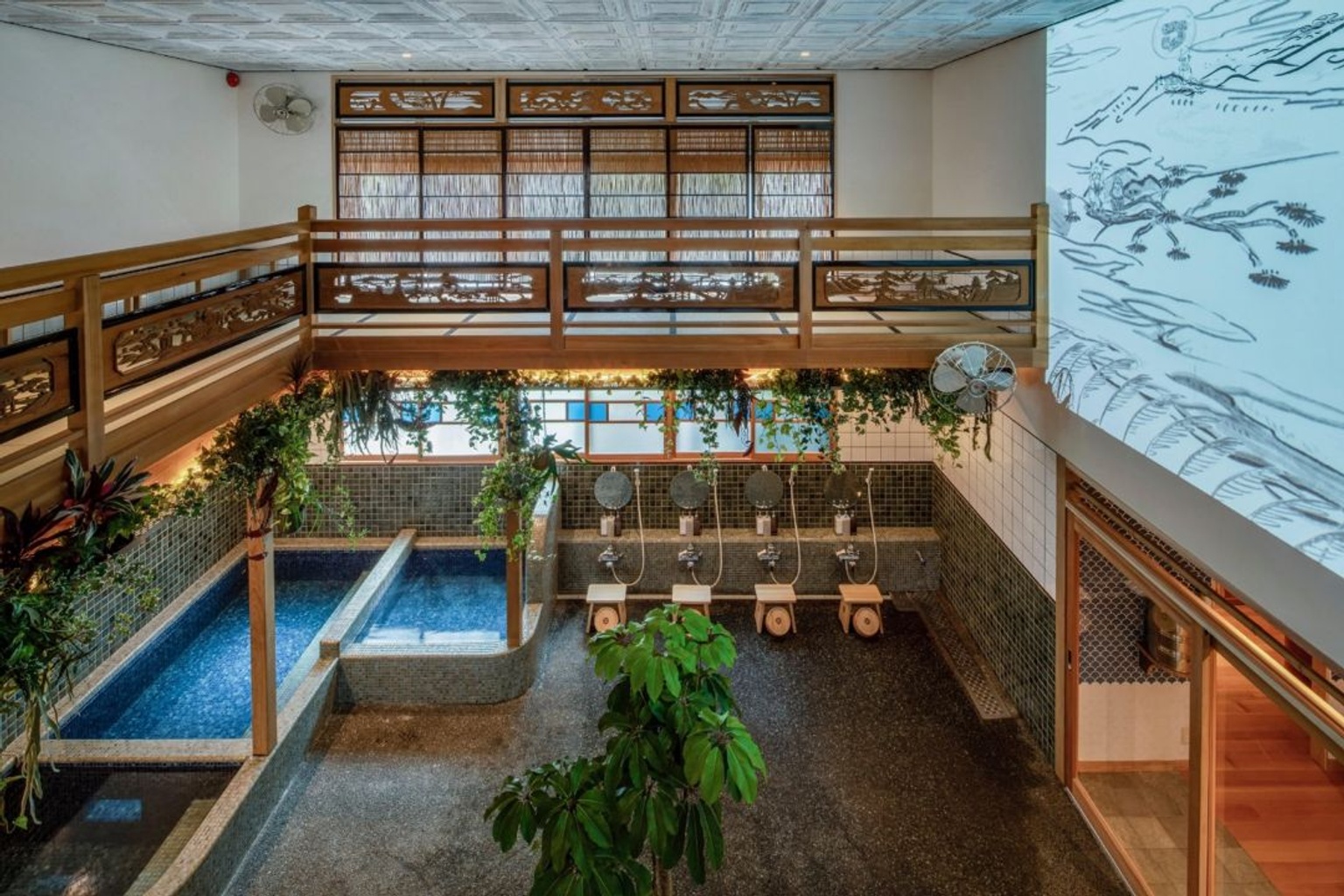Photo showing an empty Japanese bathhouse